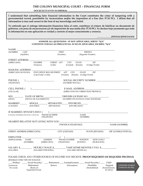 First page of the Municipal Court Financial Form