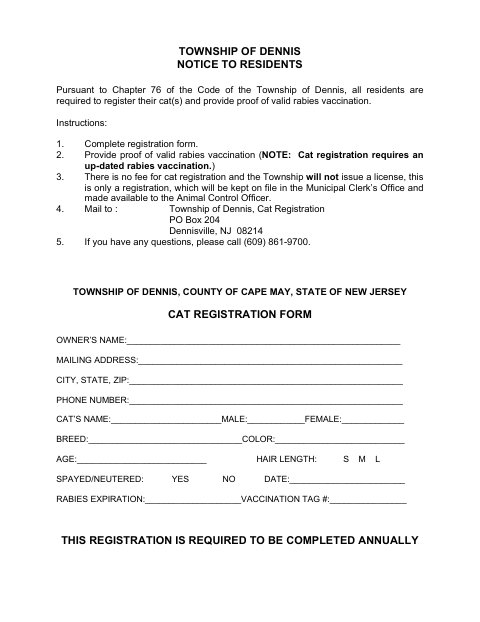 First page of the Cat Registration Form