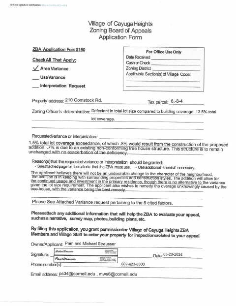First page of the 210 Comstock Road Variance Application