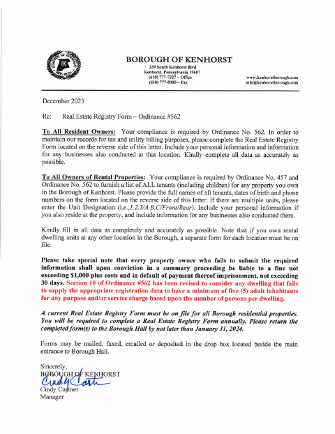 First page of the Annual Real Estate Registry Form