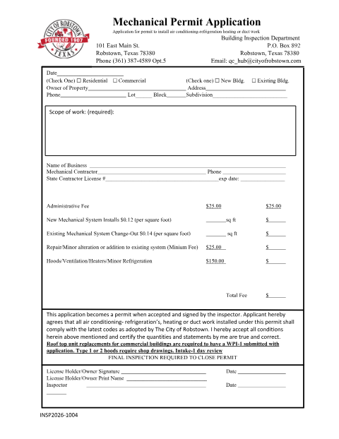 First page of the Mechanical Permit Application