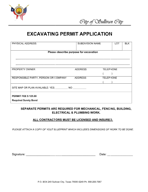First page of the Excavating Permit Application