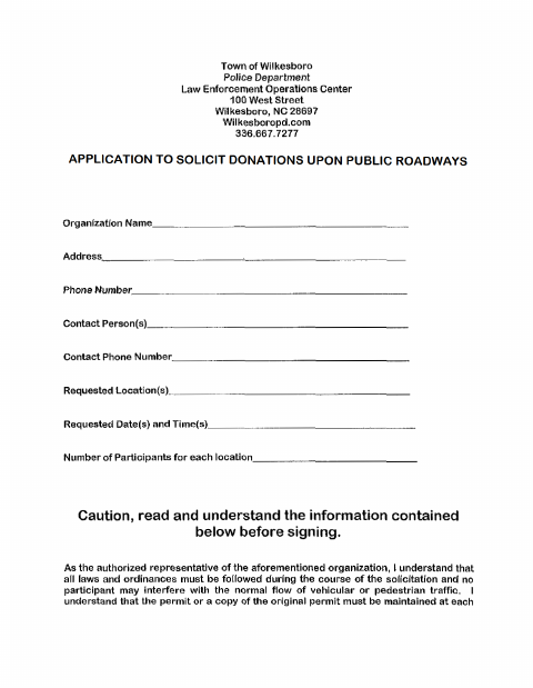 First page of the Application to Solicit Donations Upon Public Roadways