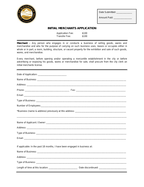 First page of the Initial Merchants Application
