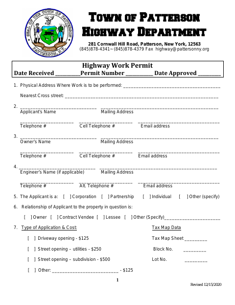 First page of the Highway Work Permit