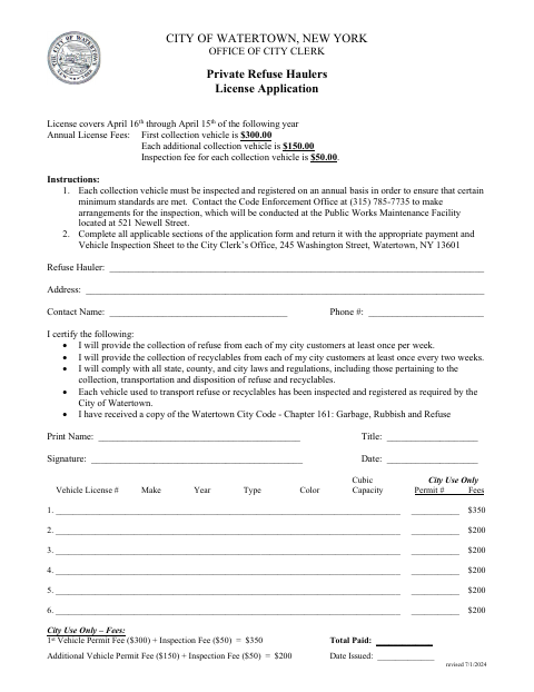 First page of the Private Refuse Haulers License Application