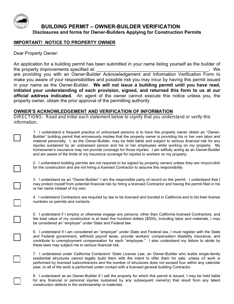 First page of the Building Permit – Owner-Builder Verification