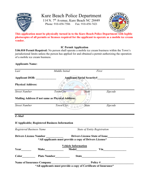 First page of the Mobile Ice Cream Vendor Permit Application