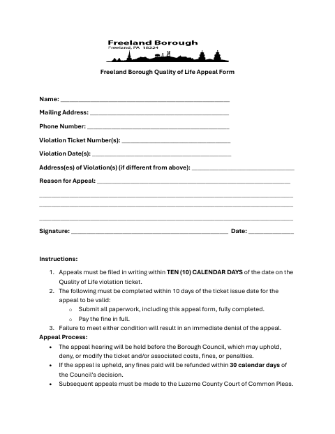 First page of the Quality of Life Appeal Form