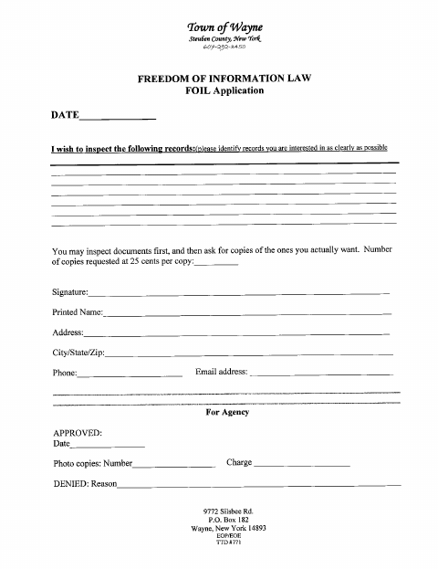 First page of the Freedom of Information Law (FOIL) Application