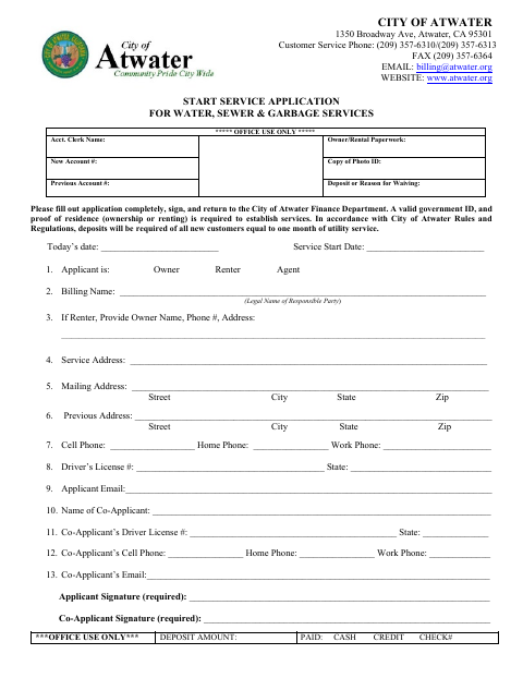 First page of the Start Service Application for Water, Sewer & Garbage Services