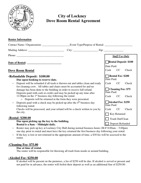 First page of the Dove Room Rental Agreement