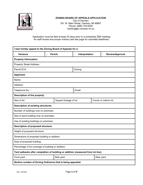 First page of the Zoning Board of Appeals Application
