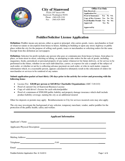 First page of the Peddler/Solicitor License Application