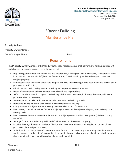 First page of the Vacant Building Maintenance Plan