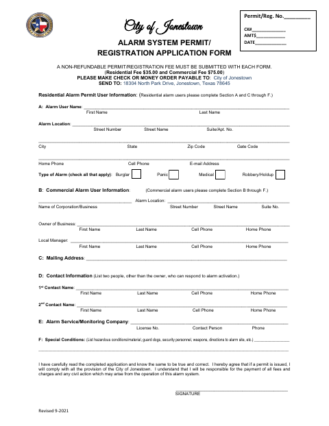 First page of the Alarm System Permit/Registration Application