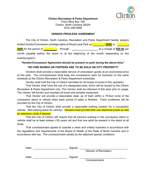First page of the Vendor Privilege Agreement