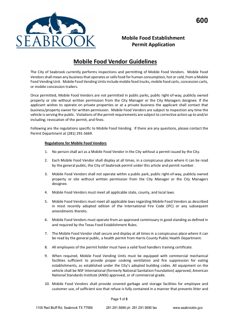 First page of the Mobile Food Establishment Permit Application