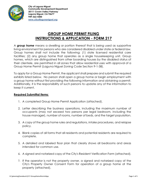 First page of the Group Home Permit Application