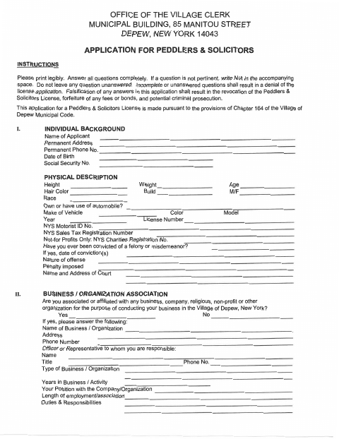 First page of the Solicitor/Peddler Application