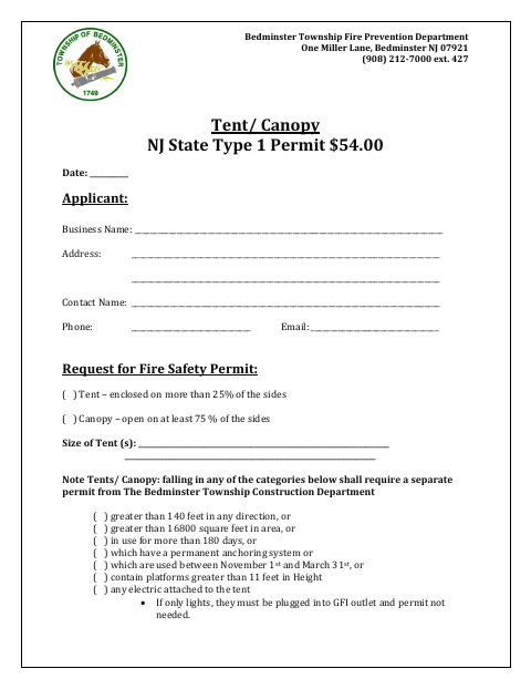 First page of the Tent and Canopy Permit Application and Requirements