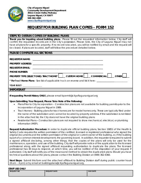 First page of the Request for Building Plan Copies – Form 152