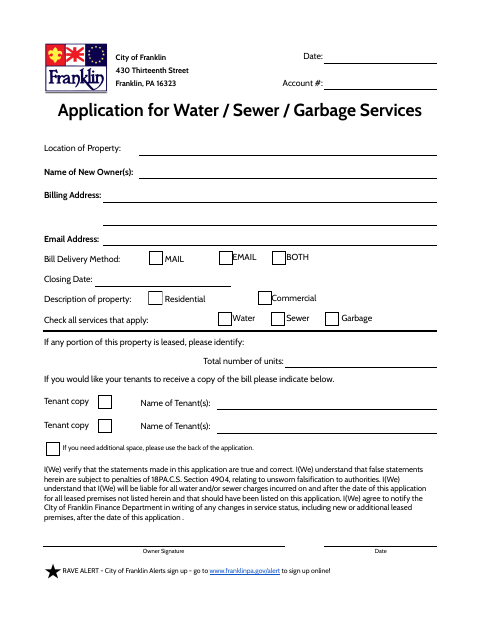 First page of the Application for Water, Sewer, and Garbage Services