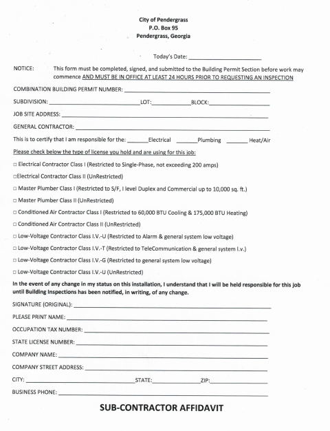 First page of the Sub-Contractor Affidavit