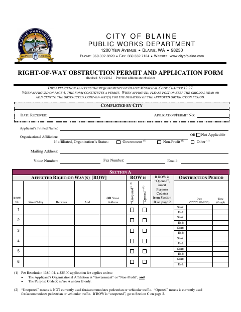 First page of the Right-of-Way Obstruction Permit and Application Form