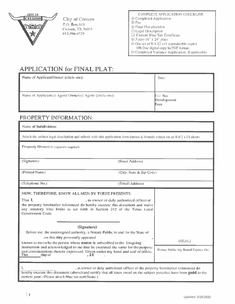 First page of the Final Plat Application
