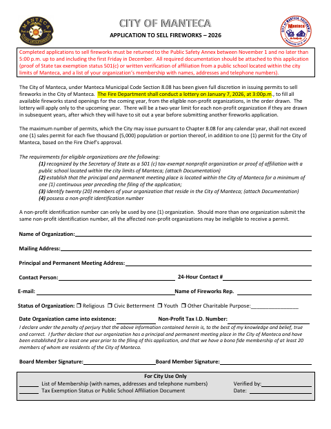 First page of the Application to Sell Fireworks – 2026