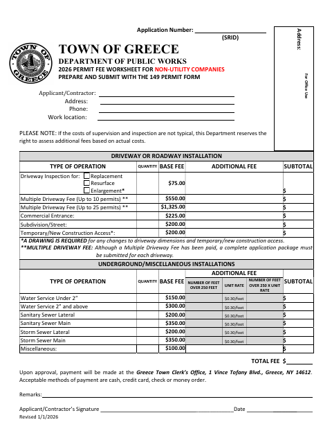 First page of the 2026 Permit Fee Worksheet for Non-Utility Companies (Highway Permit)