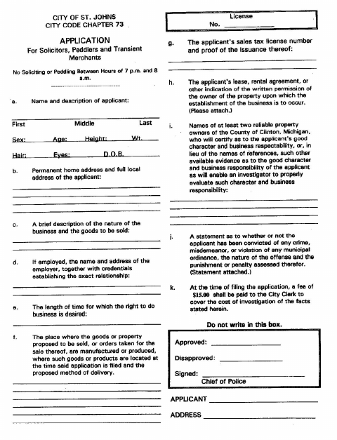 First page of the Solicitor, Peddler & Transient Merchant Application