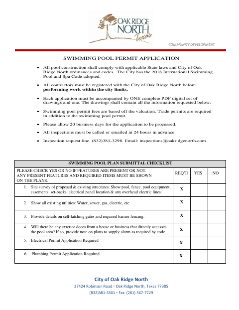 First page of the Swimming Pool Permit Application