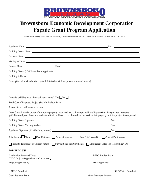 First page of the Facade Grant Program Application