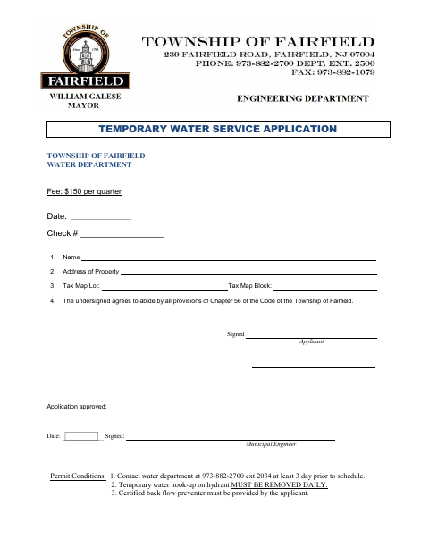 First page of the Temporary Water Service Application