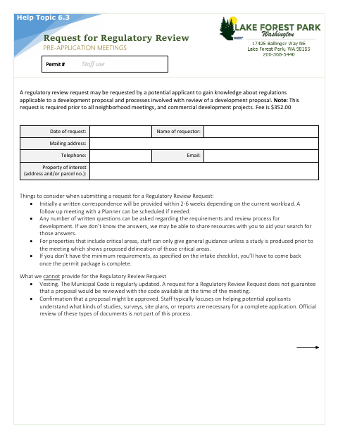 First page of the Regulatory Review Request / Pre-Application