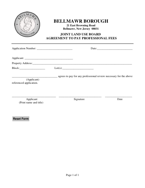 First page of the Joint Land Use Board Agreement to Pay Professional Fees