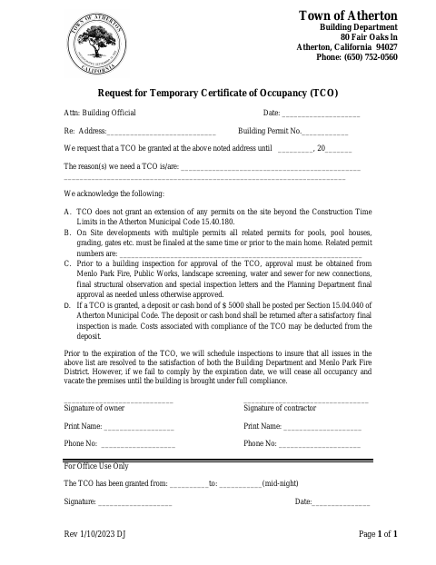 First page of the Request for Temporary Certificate of Occupancy