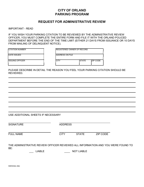 First page of the Request for Administrative Review