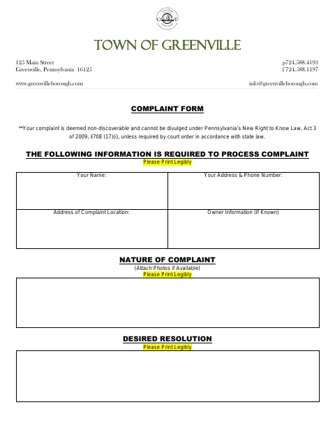 First page of the Complaint Form