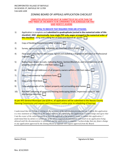 First page of the Zoning Board of Appeals Variance Application