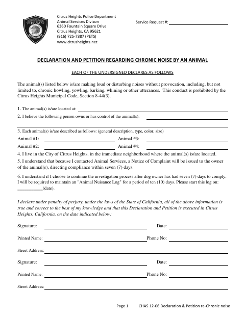 First page of the Declaration of Noise With Barking Log