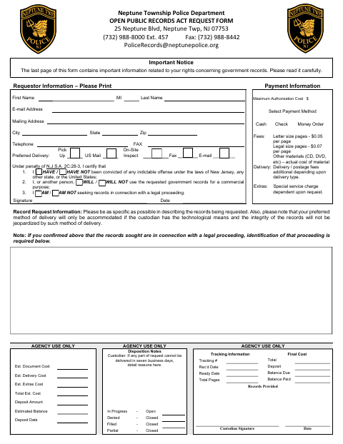 First page of the Open Public Records Act Request Form