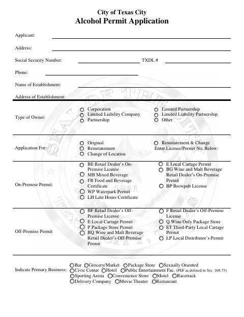 First page of the Alcohol Permit Application