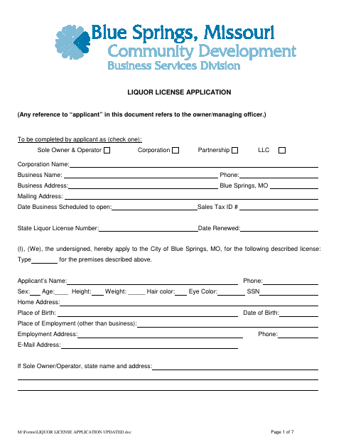 First page of the Liquor License Application