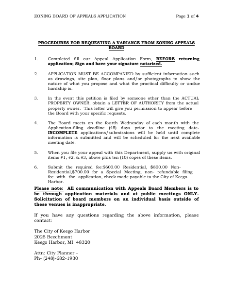 First page of the Zoning Board of Appeals Variance Application