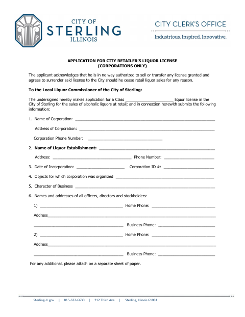 First page of the Retail Liquor License Application for Corporations