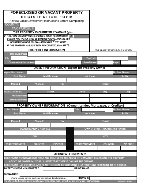 First page of the Foreclosed or Vacant Property Registration