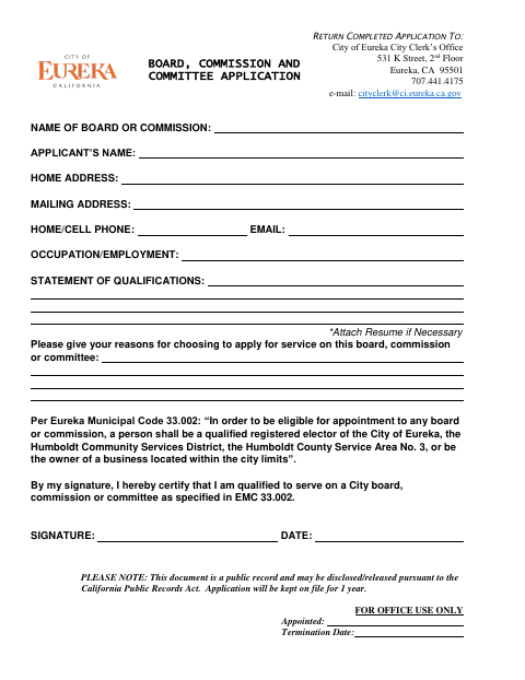 First page of the Application for Appointment to Boards and Commissions